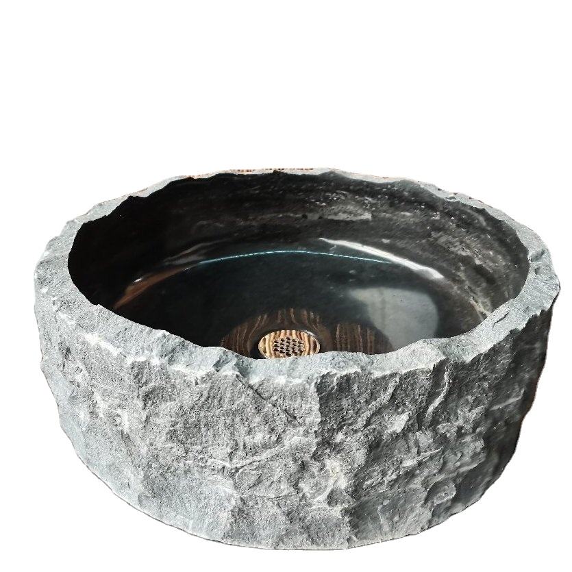 Black Marble Vessel Sink – Polished Interior with Natural Exterior Stone Basin for Bathrooms