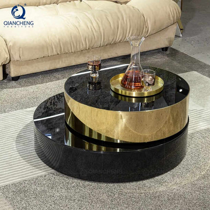 Französischer Couchtisch im modernen Stil mit Multifunktionsspiegel, Wohnzimmer, Tischplatte aus gehärtetem Glas in Schwarz und Gold, eleganter Couchtisch