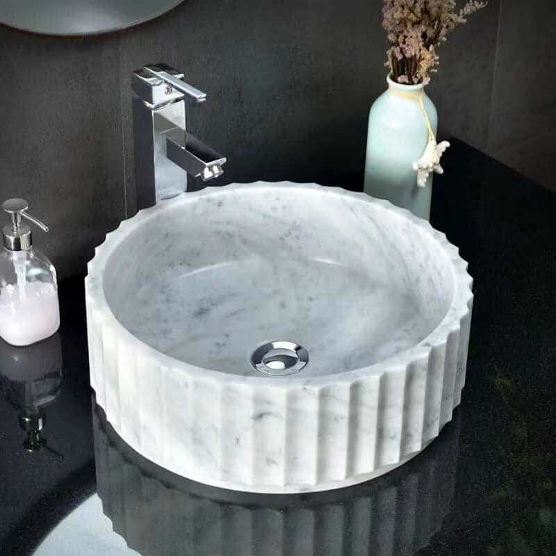 Natural Carrara White Marble Round Bowl Sink – Fluted Countertop Bathroom Basin
