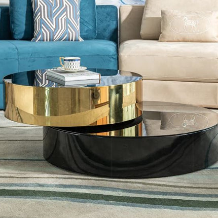 Französischer Couchtisch im modernen Stil mit Multifunktionsspiegel, Wohnzimmer, Tischplatte aus gehärtetem Glas in Schwarz und Gold, eleganter Couchtisch