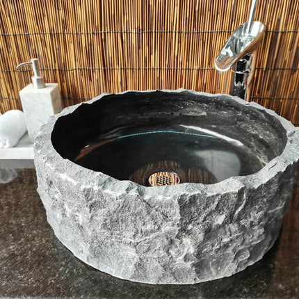 Black Marble Vessel Sink – Polished Interior with Natural Exterior Stone Basin for Bathrooms