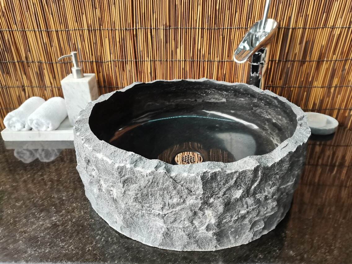 Black Marble Vessel Sink – Polished Interior with Natural Exterior Stone Basin for Bathrooms