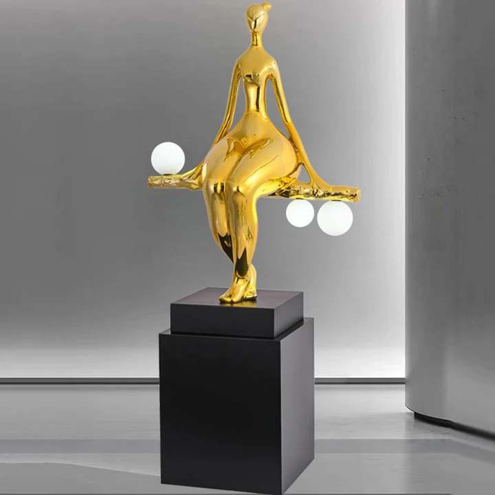 Gold Humanoid Statue Floor Lamp with LED Light Acrobatic Ball Lifting Decorative Artwork for Living Room or Office