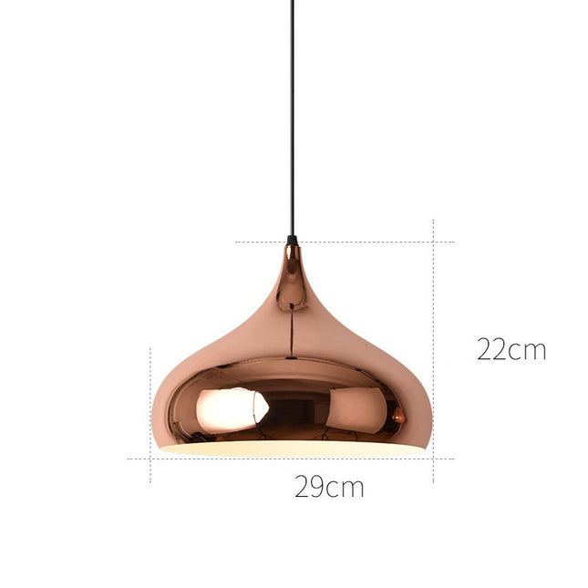 Rose gold pendant light with dimensions on a white background