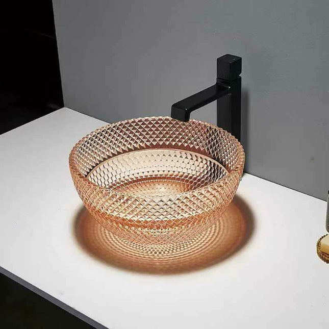Round Crystal Glass Wash Basin – Transparent Countertop Sink with Drainer for Modern Bathrooms