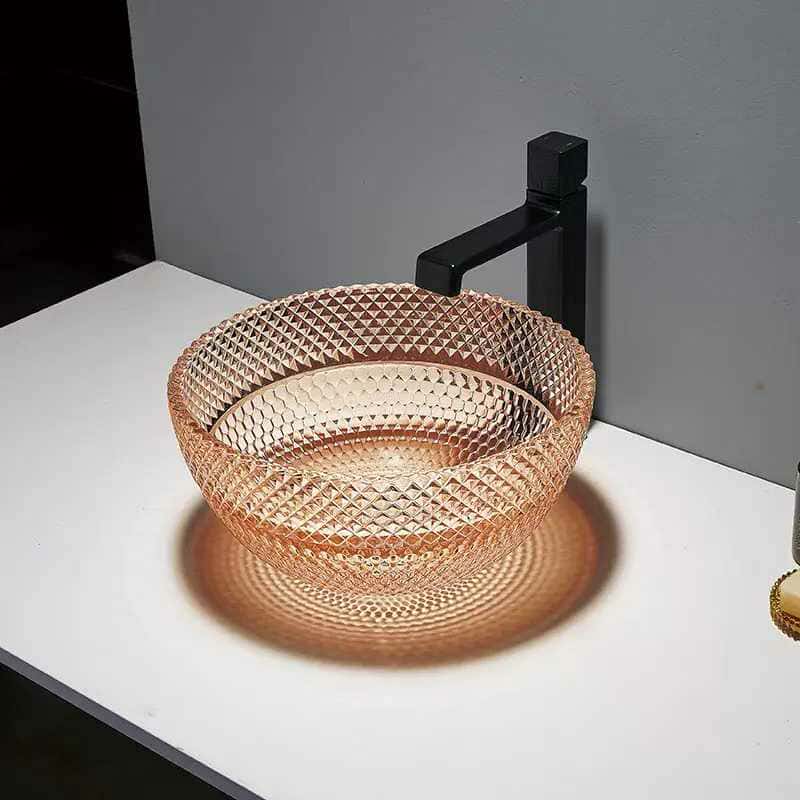 Round Crystal Glass Wash Basin – Transparent Countertop Sink with Drainer for Modern Bathrooms