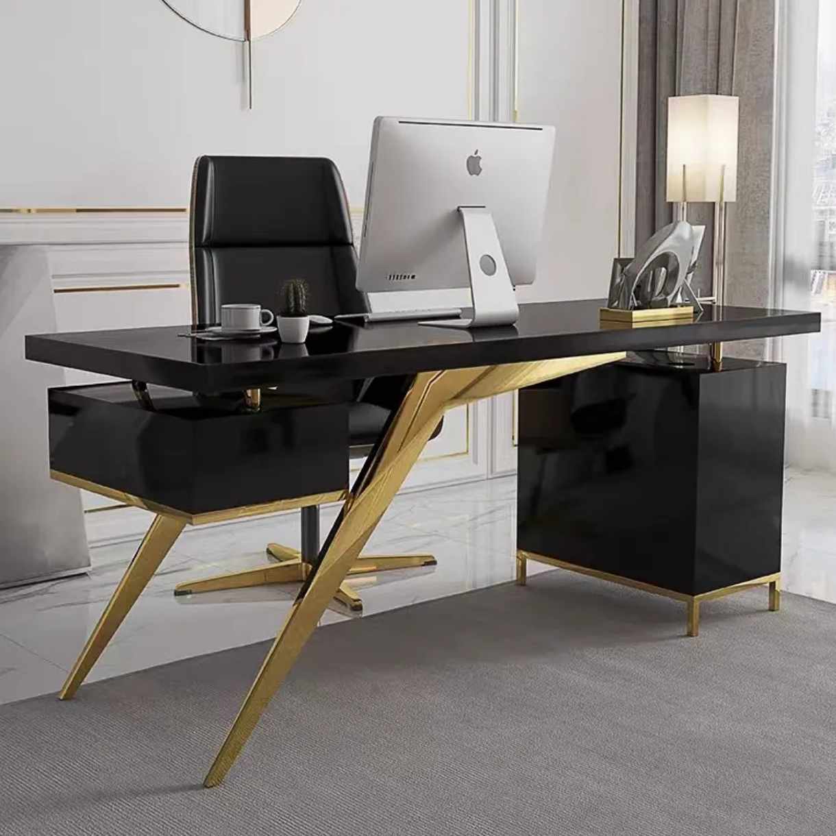Office Desk Top Gold Metal Base Executive Office Furniture Chair Home Office Table