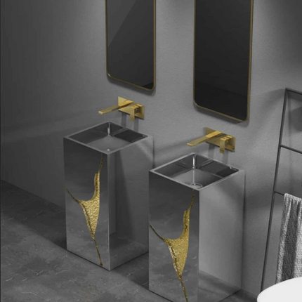 Luxuriöses Designer-Waschbecken in Grau und Gold – Einzigartige, formschöne Edelstahl-Handwaschschale für moderne Badezimmer