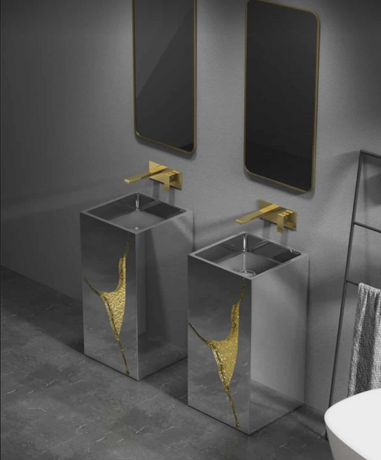 Luxuriöses Designer-Waschbecken in Grau und Gold – Einzigartige, formschöne Edelstahl-Handwaschschale für moderne Badezimmer