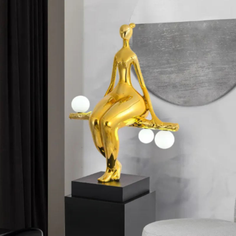 Gold Humanoid Statue Floor Lamp with LED Light Acrobatic Ball Lifting Decorative Artwork for Living Room or Office