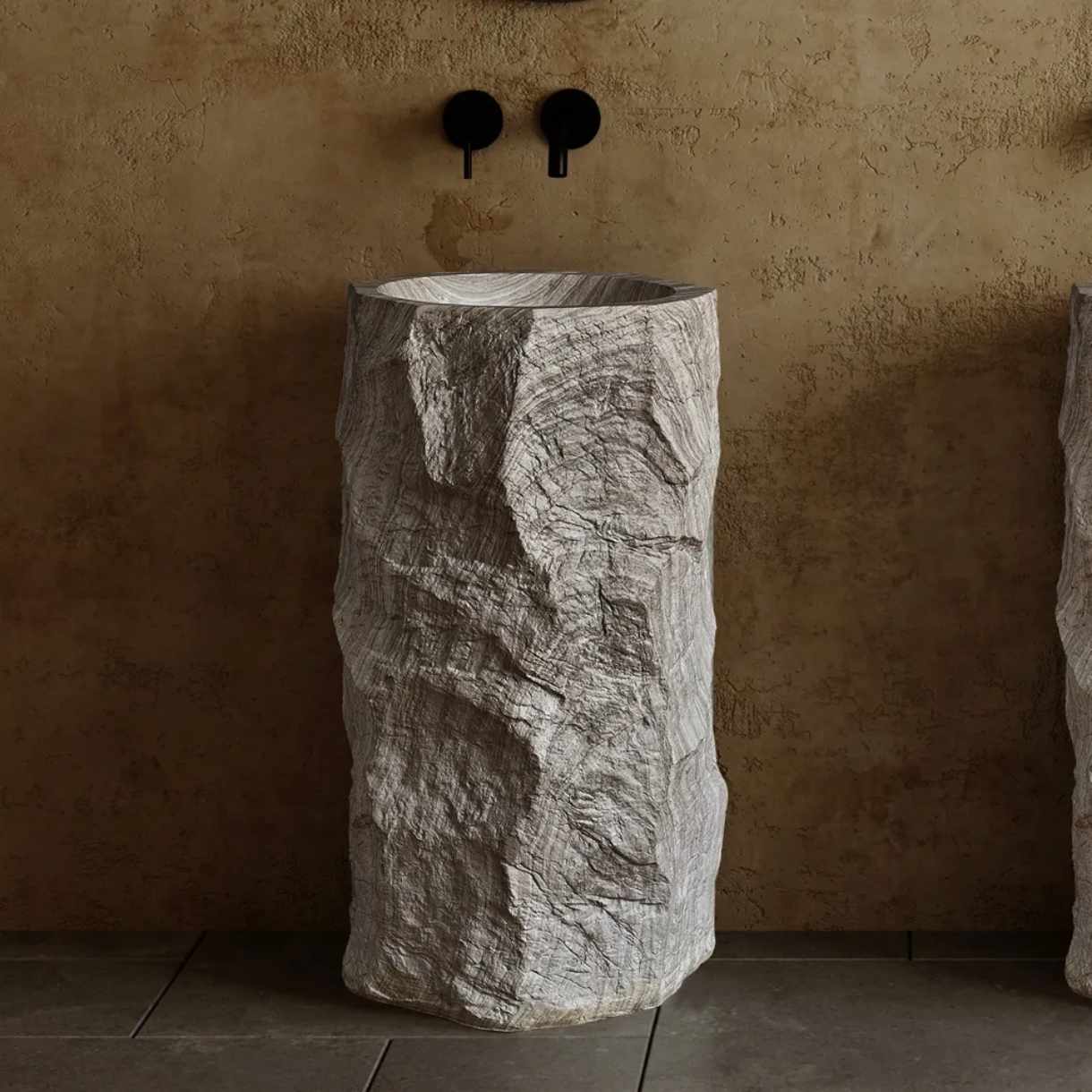 Luxury White Grain Cylindrical Free-Standing Bathroom Sink – One-Piece Artificial Stone Pedestal Wash Basin with Marble Design for Modern Interiors