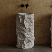 Load image into Gallery viewer, Luxury White Grain Cylindrical Free-Standing Bathroom Sink – One-Piece Artificial Stone Pedestal Wash Basin with Marble Design for Modern Interiors

