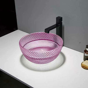 Round Crystal Glass Wash Basin – Transparent Countertop Sink with Drainer for Modern Bathrooms