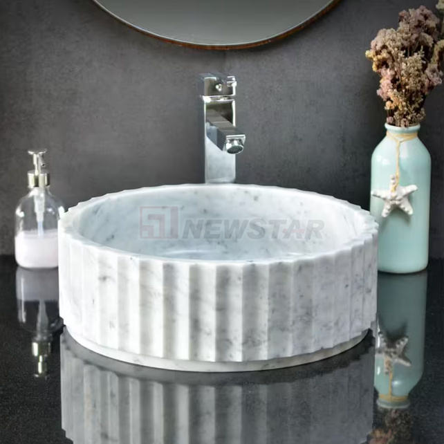 Natural Carrara White Marble Round Bowl Sink – Fluted Countertop Bathroom Basin