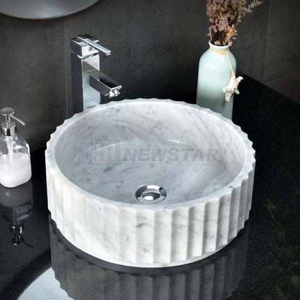Natural Carrara White Marble Round Bowl Sink – Fluted Countertop Bathroom Basin