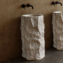 Load image into Gallery viewer, Luxury White Grain Cylindrical Free-Standing Bathroom Sink – One-Piece Artificial Stone Pedestal Wash Basin with Marble Design for Modern Interiors
