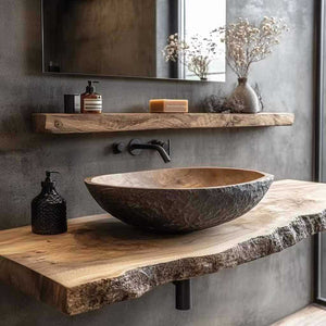 ustic Modern Wooden Bathroom Sink with Natural Solid Wood Countertop & Handcrafted Vessel Basin – Luxury Floating Shelf Vanity for Interior Decoration