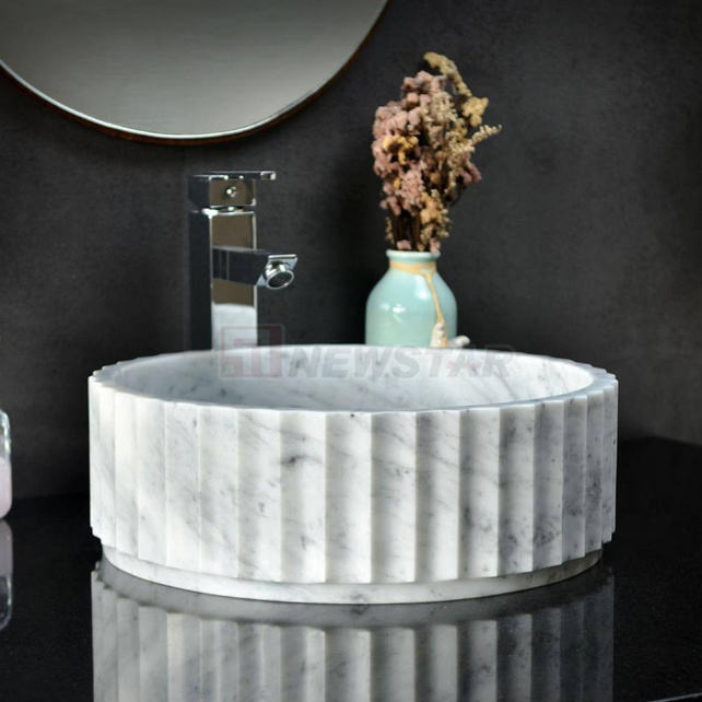 Natural Carrara White Marble Round Bowl Sink – Fluted Countertop Bathroom Basin