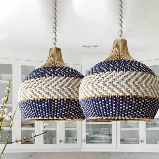 Rattan Hand-Woven Ceiling Pendant Light – Blue & White Lampshade for Modern Home Décor & Chandelier Lighting
