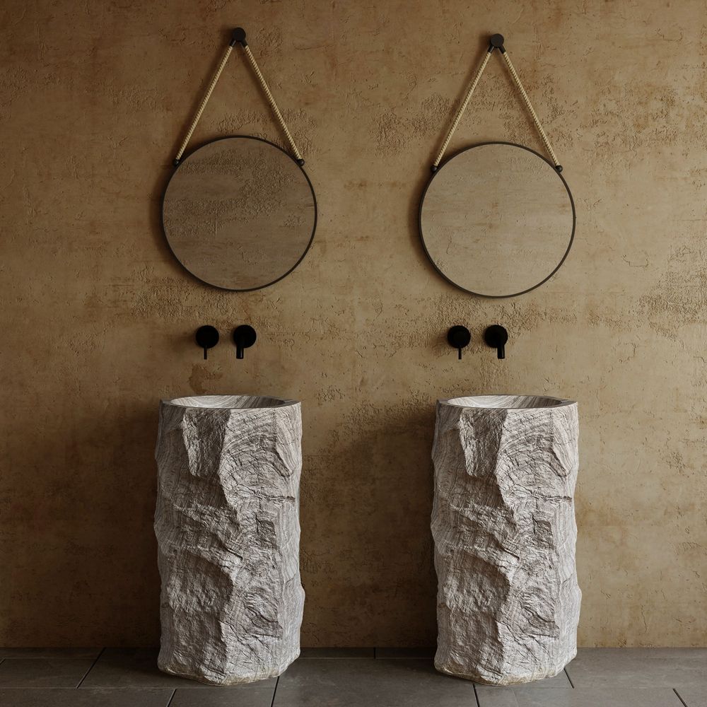 Luxury White Grain Cylindrical Free-Standing Bathroom Sink – One-Piece Artificial Stone Pedestal Wash Basin with Marble Design for Modern Interiors