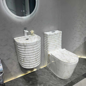 Porcelain Marble Design One Piece Toilets Bathroom Set with Wall Hung Basin Sink Rock Ceramic Toilet Set
