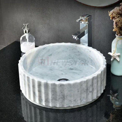 Natural Carrara White Marble Round Bowl Sink – Fluted Countertop Bathroom Basin