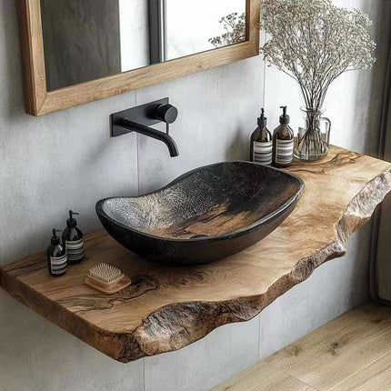Luxury Vessel Sink with Live Edge Solid Wood Floating Countertop – Modern Rustic Bathroom Vanity for Interior Decoration