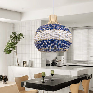 Rattan Hand-Woven Ceiling Pendant Light – Blue & White Lampshade for Modern Home Décor & Chandelier Lighting