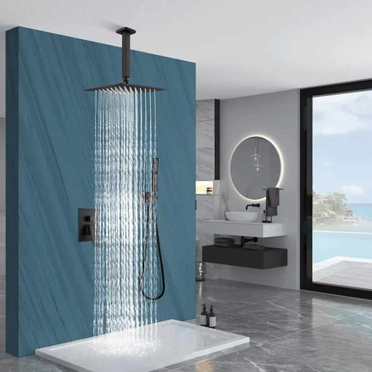 12 Inches Matte Black Ceiling Shower Set System Bathroom Luxury Rain Mixer Shower Combo Set Ceiling Mounted Rainfall