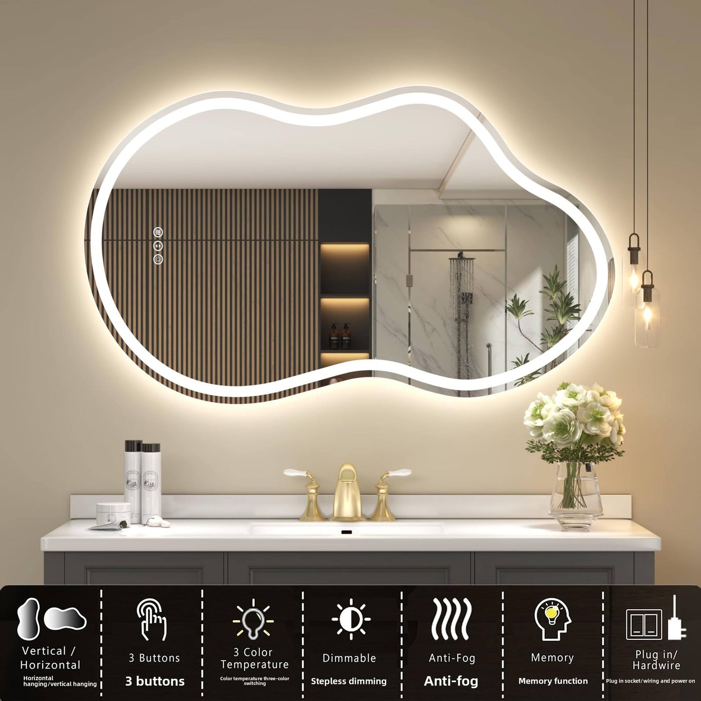 Nordic Modern LED Bathroom Mirror – 50X60CM Irregular Lake-Shaped Makeup Mirror with Illumination for Home & Cross-Border Trade
