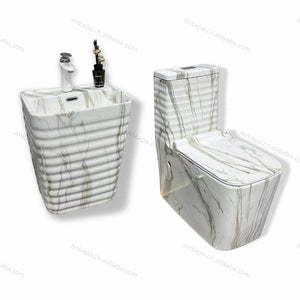Porcelain Marble Design One Piece Toilets Bathroom Set with Wall Hung Basin Sink Rock Ceramic Toilet Set