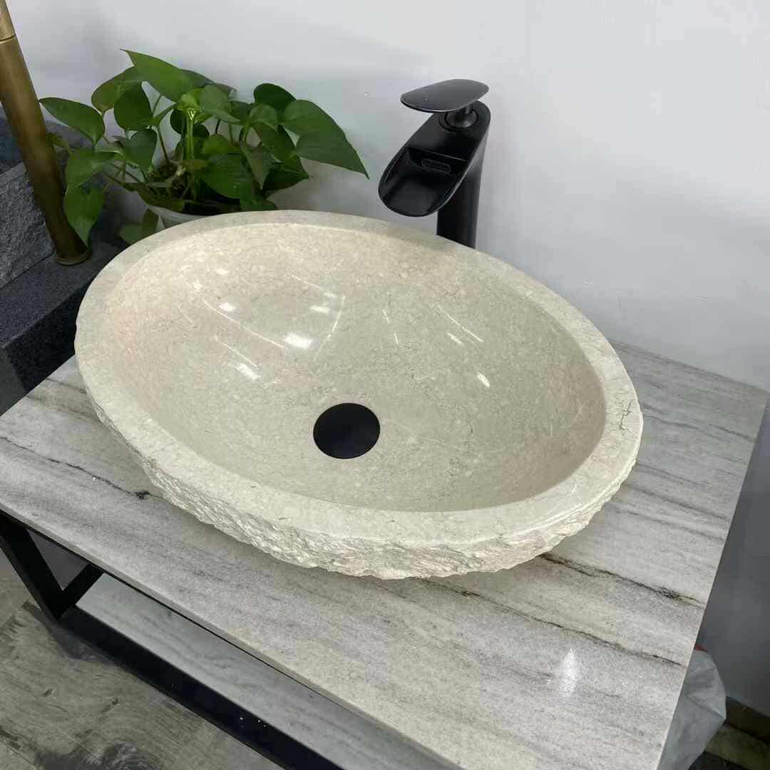 Oval Shape Cream Marble Washbasin – Luxury Natural Stone Bathroom Sink for Modern & Classic Interiors