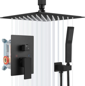 12 Inches Matte Black Ceiling Shower Set System Bathroom Luxury Rain Mixer Shower Combo Set Ceiling Mounted Rainfall