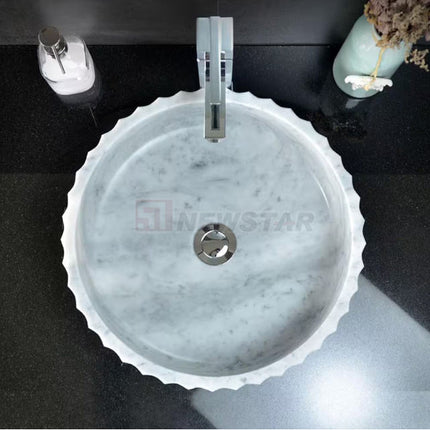 Natural Carrara White Marble Round Bowl Sink – Fluted Countertop Bathroom Basin