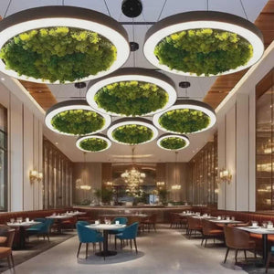 Unique RGB Dimmable LED Ceiling Light – Modern Round Chandelier with Moss Decoration for Restaurants & Cafes
