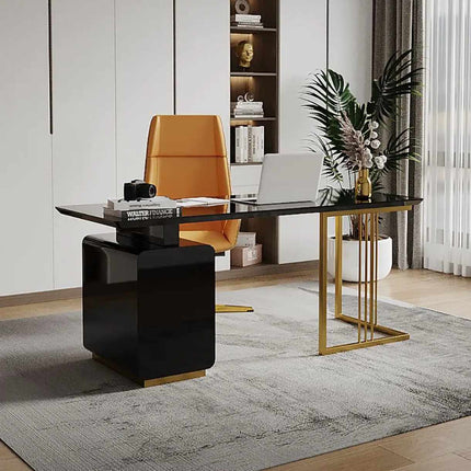 Solid Surface Office Desk Modern Black Executive Desk with Drawers & Side Cabinet in Gold Base