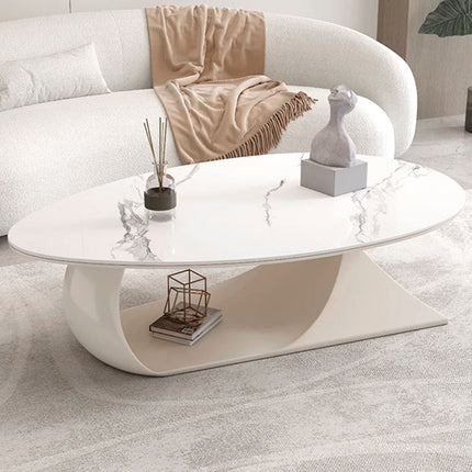 Table basse ovale minimaliste couleur bois – Table centrale à panneaux de pierre pour petits appartements et salons