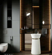 Load image into Gallery viewer, Unique Shaped Freestanding Solid Surface Bathroom Wash Basin – Modern Designer Hand Wash Sink
