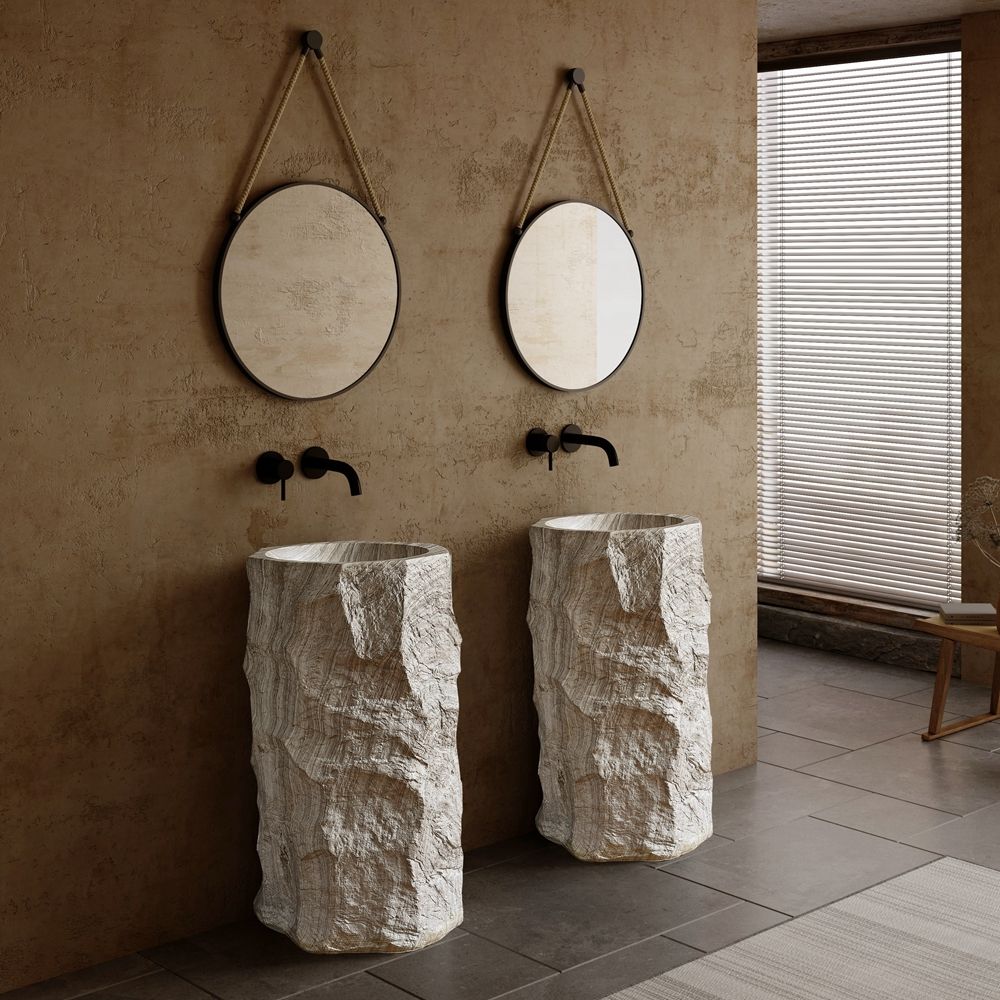 Luxury White Grain Cylindrical Free-Standing Bathroom Sink – One-Piece Artificial Stone Pedestal Wash Basin with Marble Design for Modern Interiors