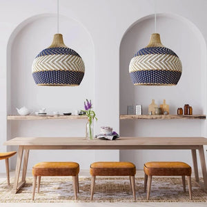 Rattan Hand-Woven Ceiling Pendant Light – Blue & White Lampshade for Modern Home Décor & Chandelier Lighting