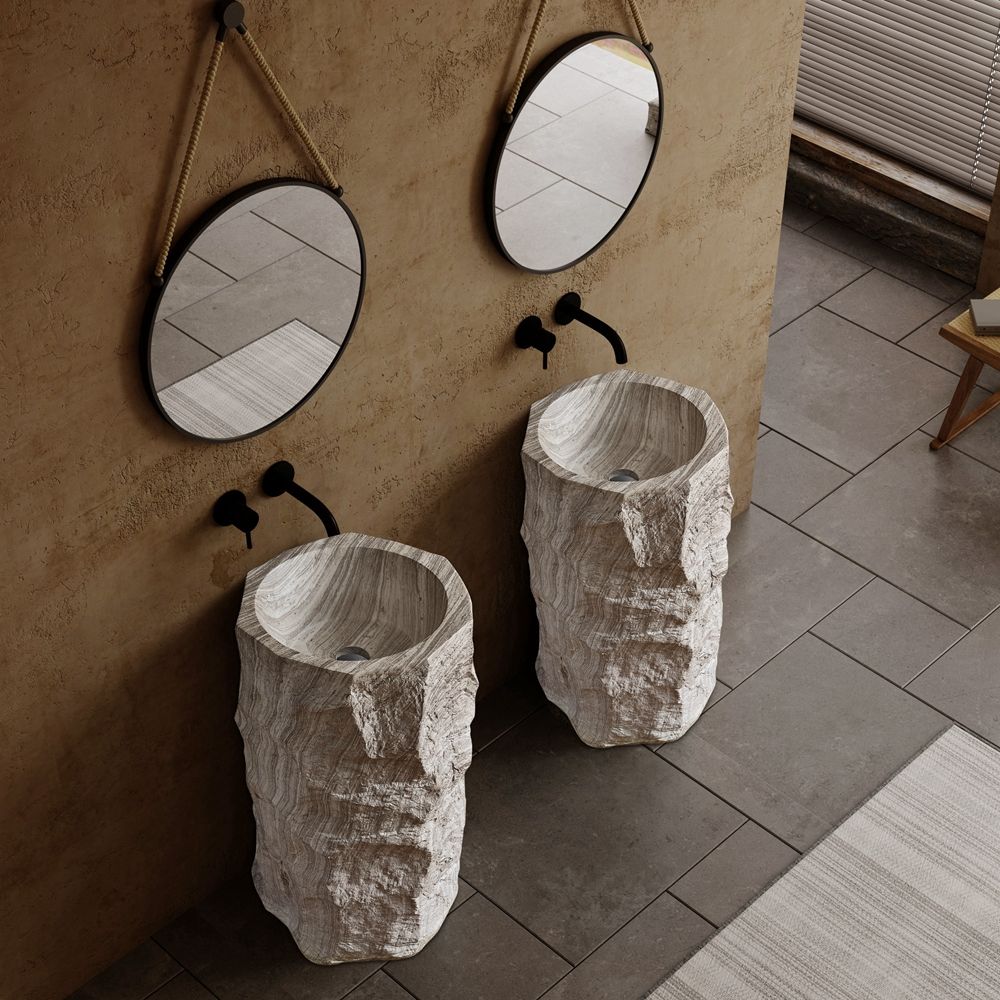 Luxury White Grain Cylindrical Free-Standing Bathroom Sink – One-Piece Artificial Stone Pedestal Wash Basin with Marble Design for Modern Interiors