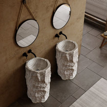 Load image into Gallery viewer, Luxury White Grain Cylindrical Free-Standing Bathroom Sink – One-Piece Artificial Stone Pedestal Wash Basin with Marble Design for Modern Interiors
