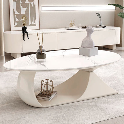 Table basse ovale minimaliste couleur bois – Table centrale à panneaux de pierre pour petits appartements et salons