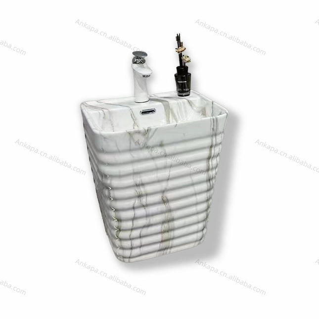 Badezimmer-Set im Porzellan-Marmor-Design mit wandhängendem Waschbecken und Keramik-WC-Set