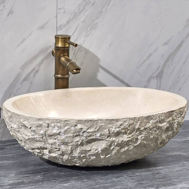 Oval Shape Cream Marble Washbasin – Luxury Natural Stone Bathroom Sink for Modern & Classic Interiors