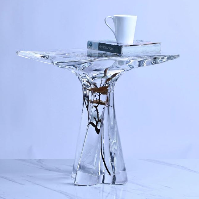 Hochwertiger, transparenter Beistelltisch mit integriertem Pflanzeneinsatz aus Acrylglas – luxuriöses Deko-Möbelstück 