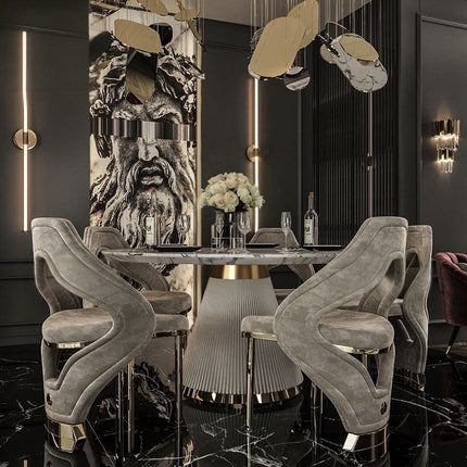 Furnistyle Luxus-Essgruppe aus Marmor für 6 Personen mit modernem Samtstuhl und goldenem Metallgestell