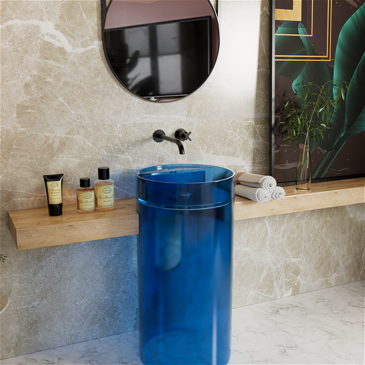 Modern Freestanding Solid Surface Stone Sink – Round Polished Finish Pedestal Wash Basin for Luxury Hotel and Home Bathrooms