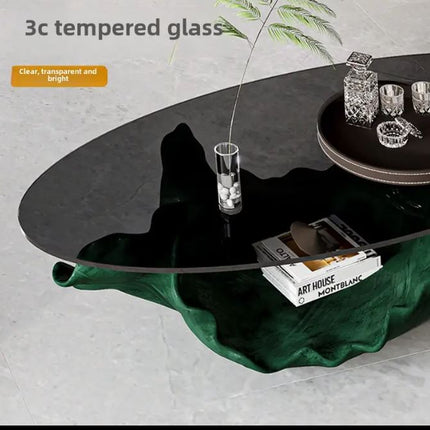 Table basse ovale élégante en verre trempé Leaf Designer Art, style moderne et raffiné, allure luxueuse et haut de gamme. 