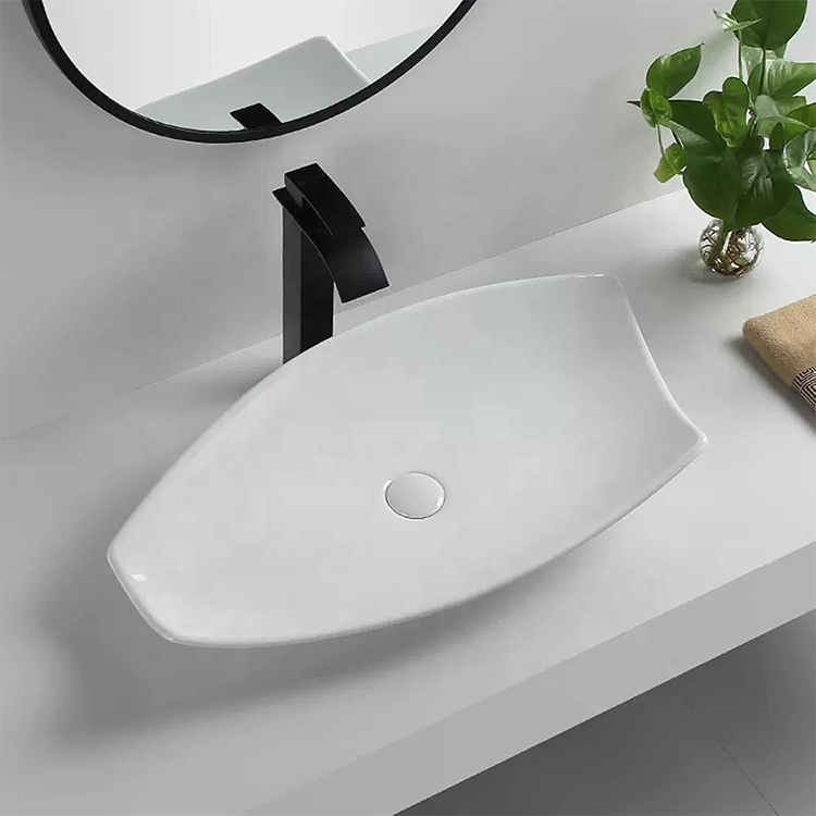 Unique Design White Porcelain Above Counter Hand Washing Basin Modern Bathroom Art Vessel Sink Irregular Shape Top Mount Vanity Wash Basin